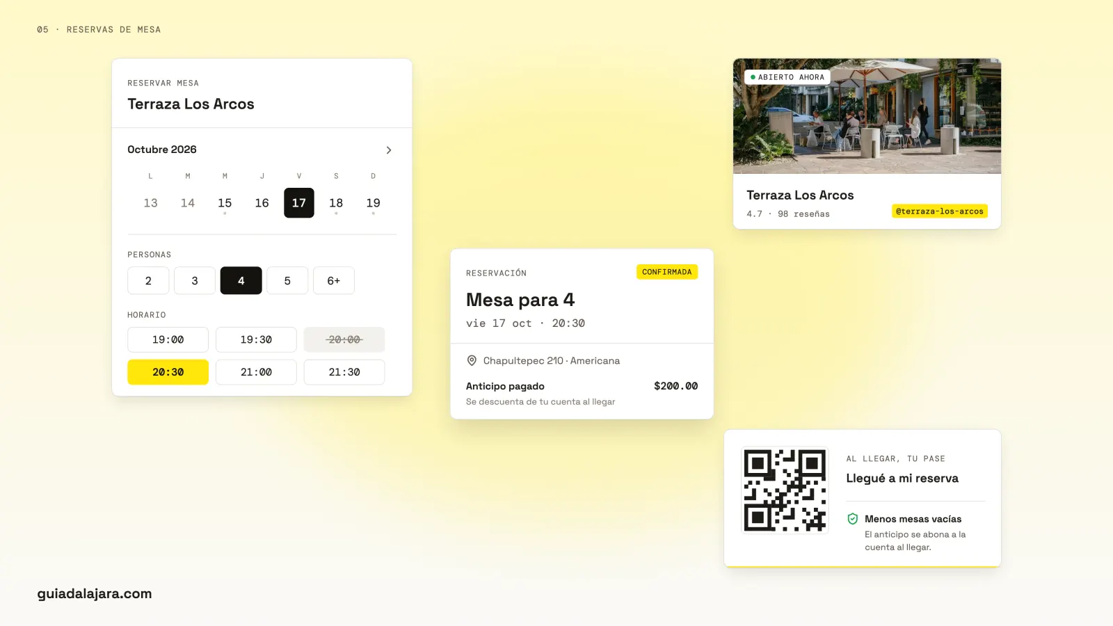 Reserva de una mesa para cuatro con anticipo pagado de $200.00 y el código QR para la llegada